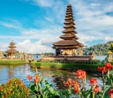 Pura Ulun Danu Bratan, Hindu temple surrounded by flowers on Bratan lake is a major Shivaite and water temple in Bali, Indonesia