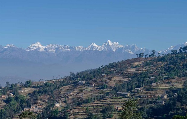 View of the Himalayan mountain and village near Nagarkot, Kathma